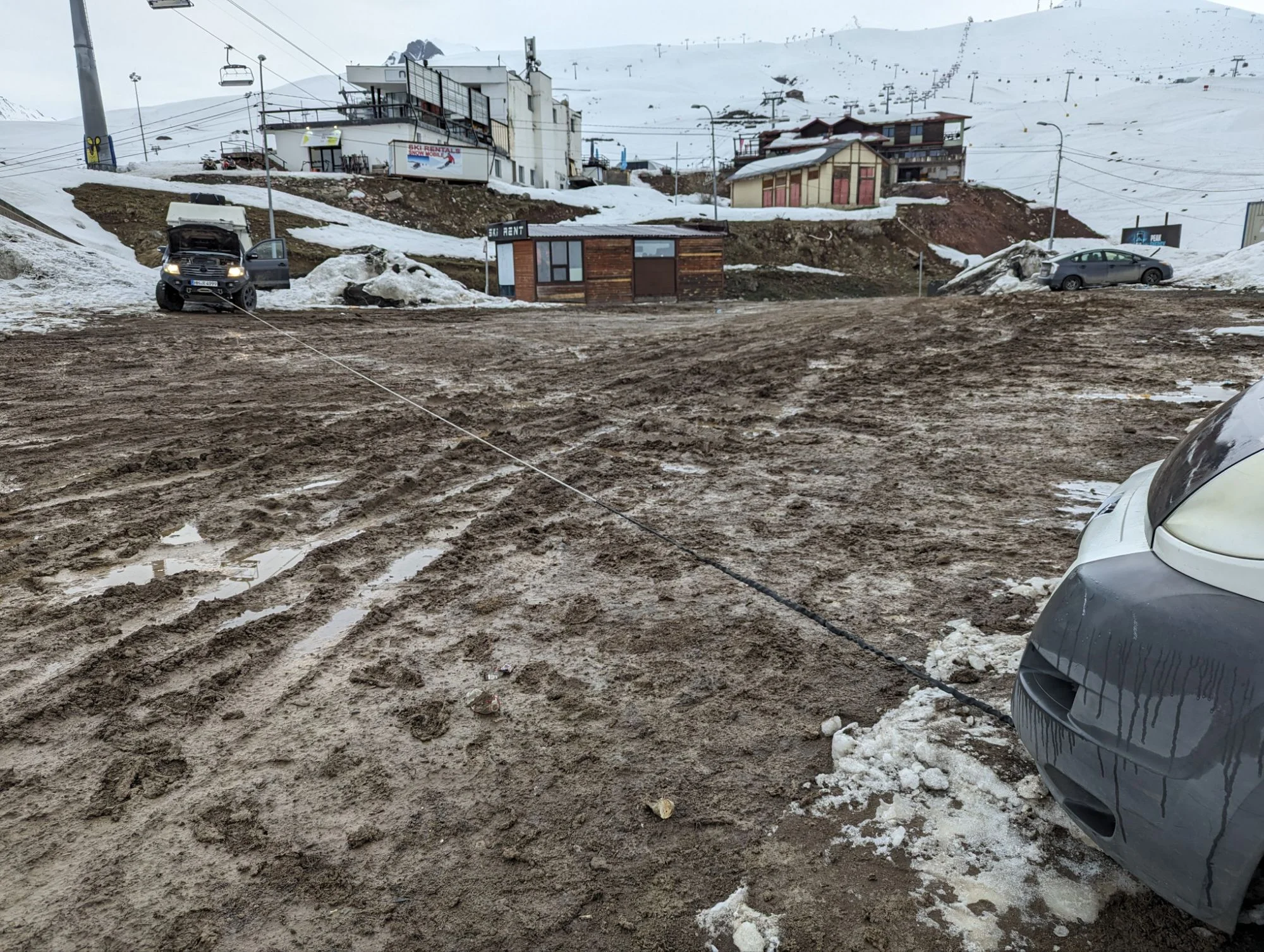 After months staying on the same spot, we had to tow Thor through the mud.