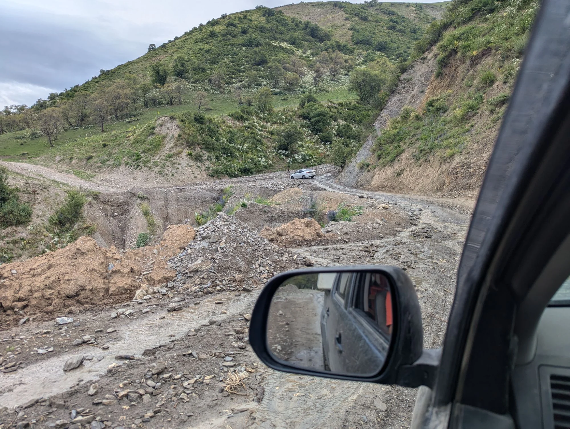 A misunderstanding lead us to this off-road track which is one of the two main connections from the south west part to the rest of Kyrgyzstan. And as always the locals take it with their limousines, small transporters with horses and cows on it, by foot and all other possible ways.