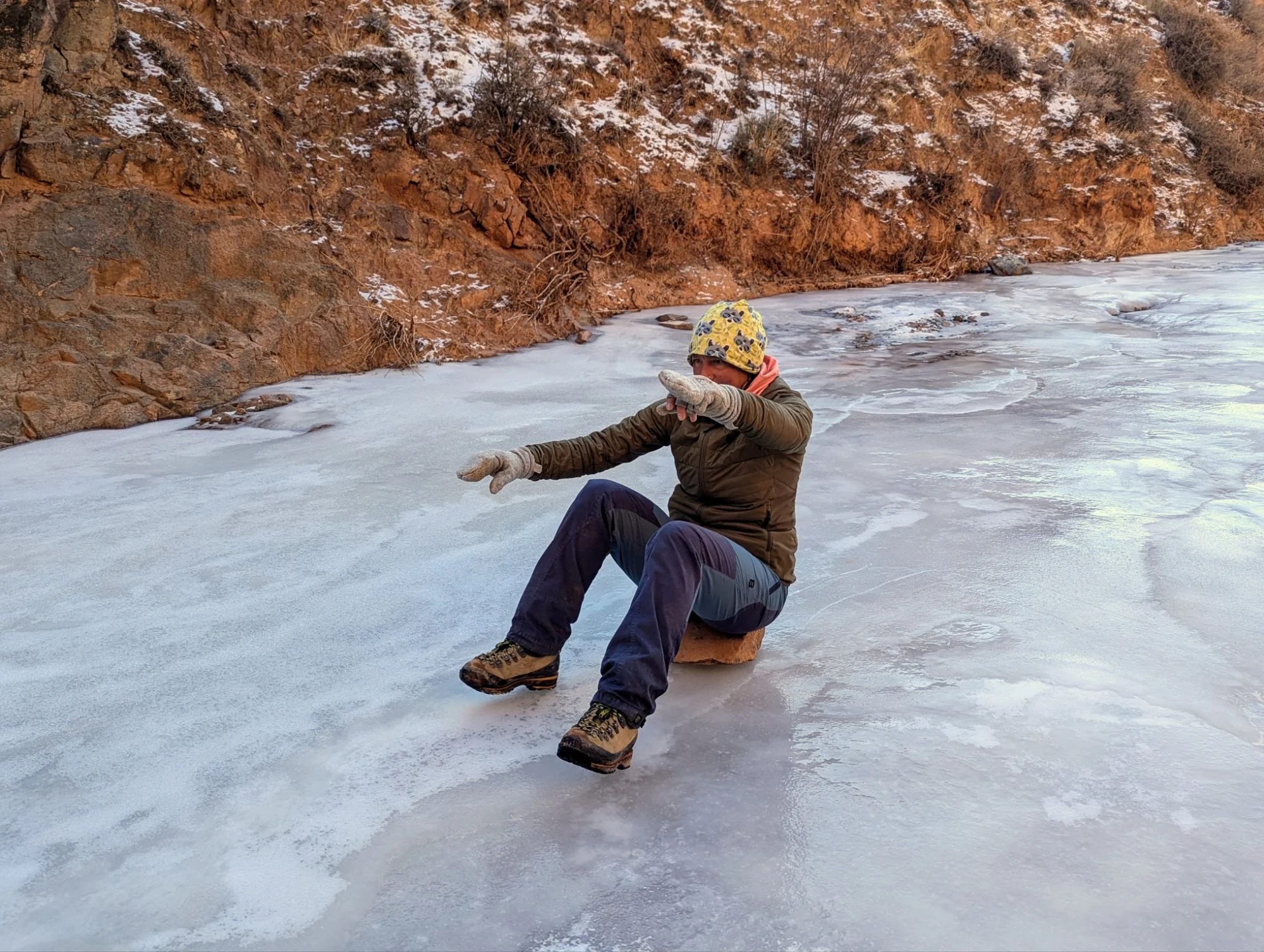 And because most of our hiking trail was covered with ice, we tried to slide down the trail while sitting on stones. I did not work that much.