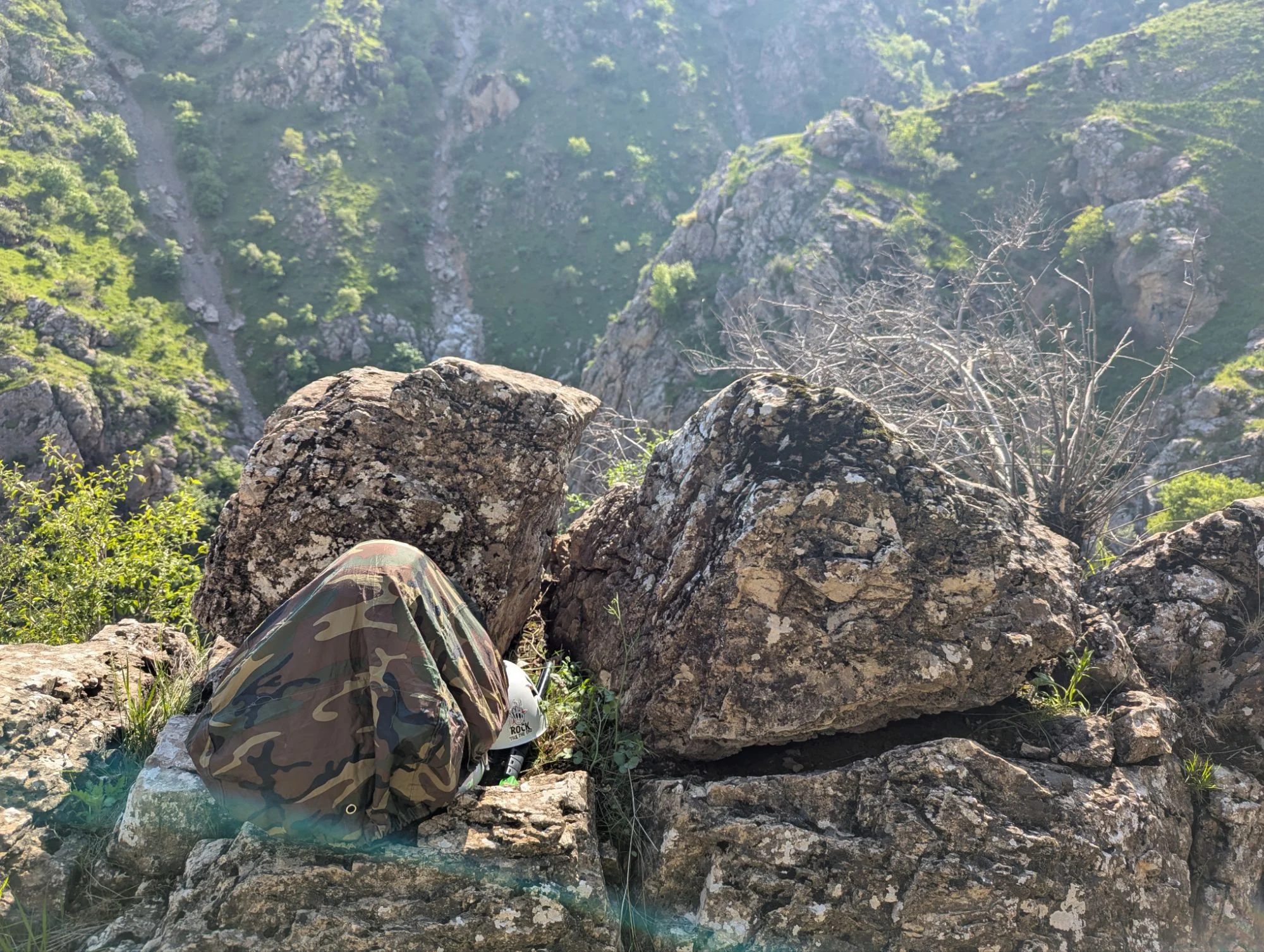 We climbed for a couple of days and stashed our climbing gear next to the rock to not have to carry it on the 30 to 45 minutes approach every day.