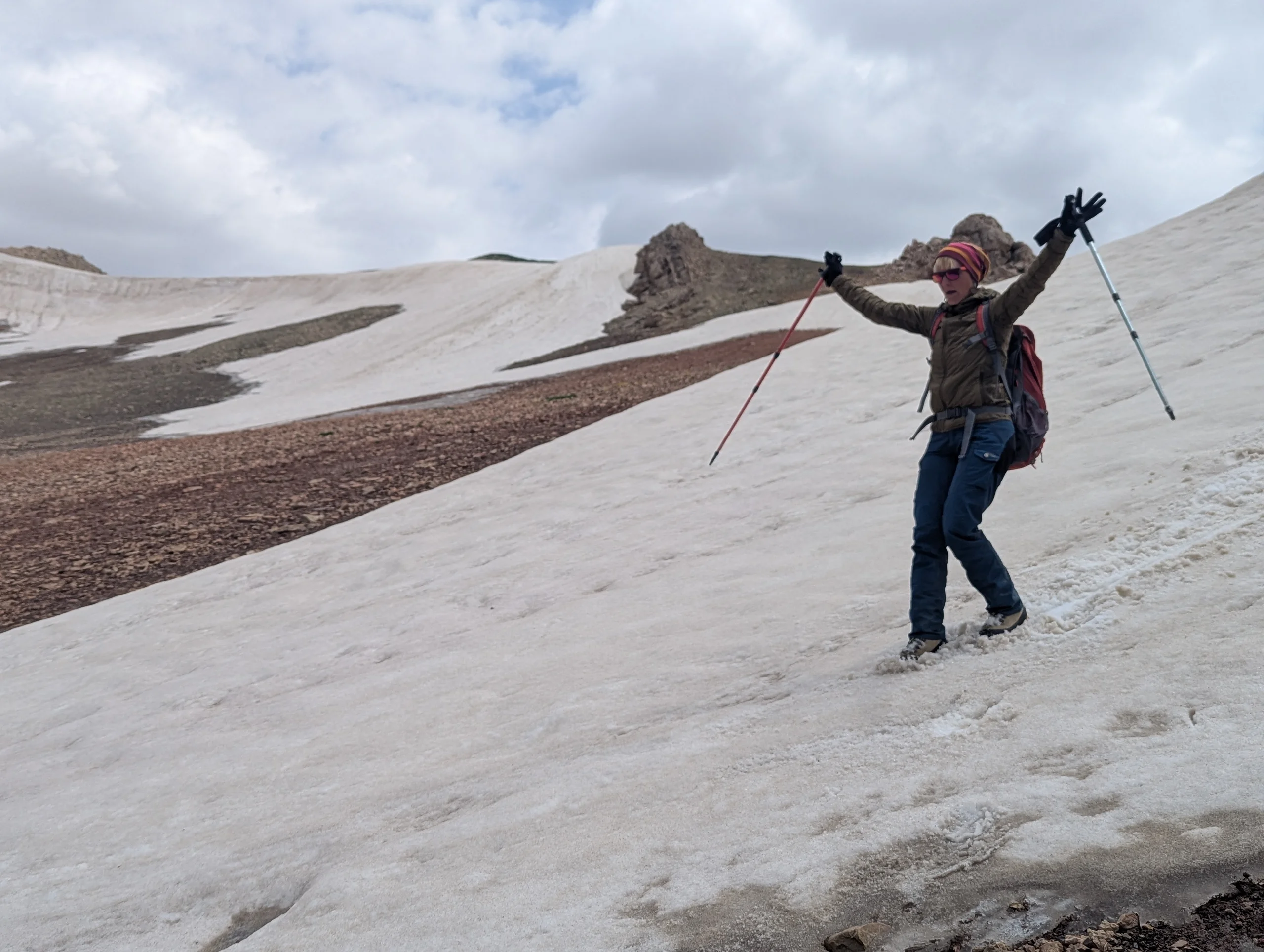 On the way down, we had some fun sliding down the snow fields.